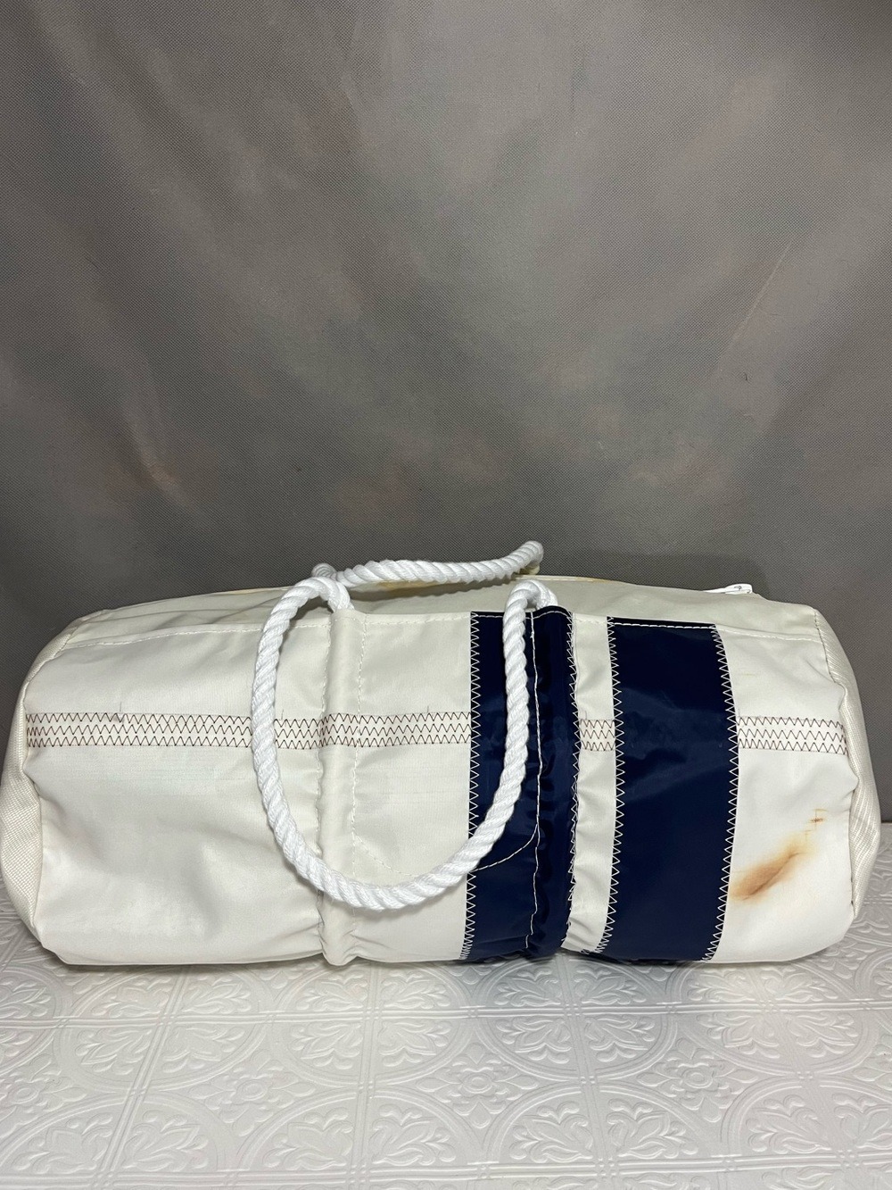 NWT Sea Bags Recycled Sailcloth Duffel Bag White Navy Blue Stripe Distressed